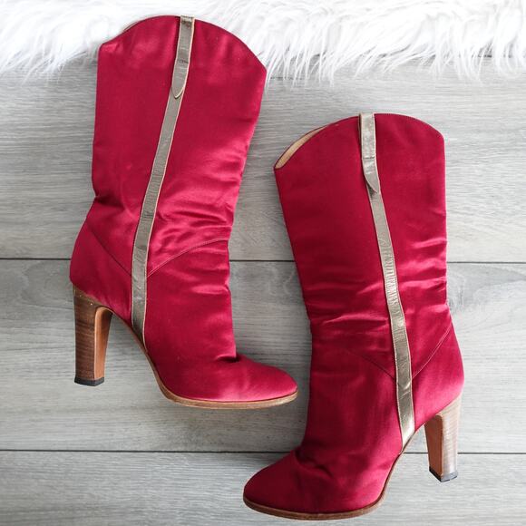 Vintage Casadei Red Satin Country Rodeo Western Cowboy Boots - Picture 2 of 16